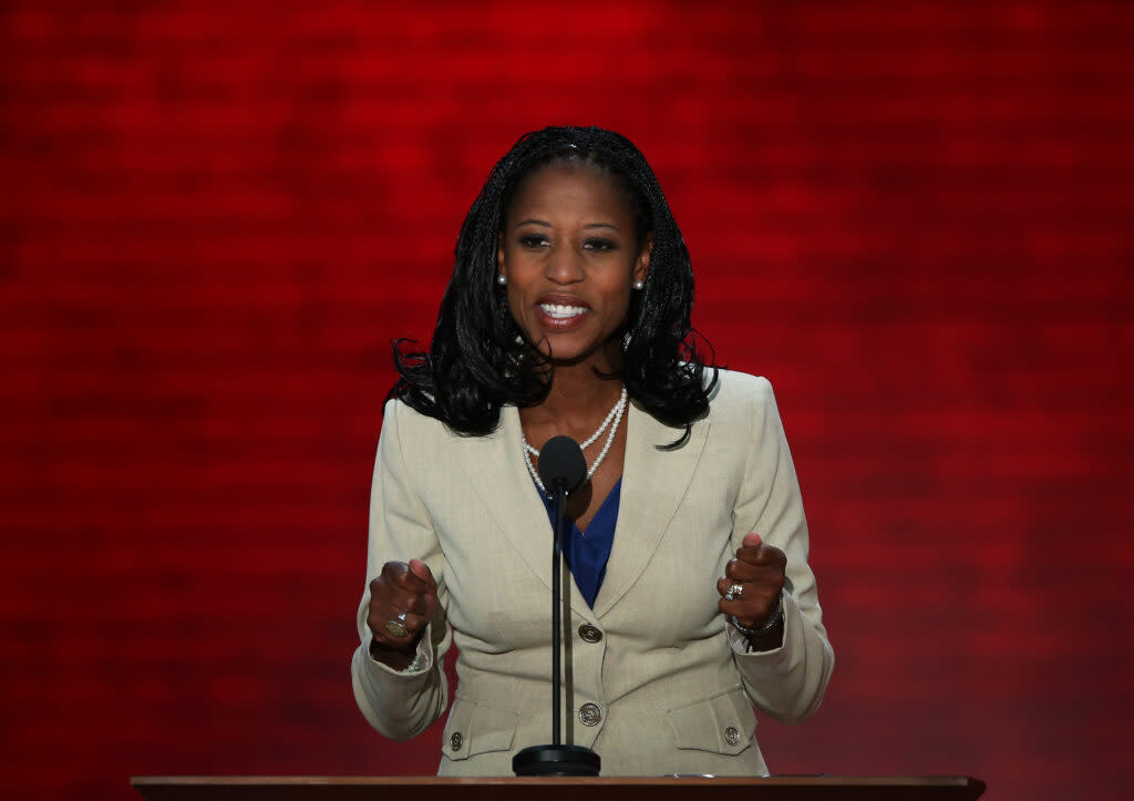 Then-Rep. Mia Love, speaks to the crowd at CPAC in National Harbor, Maryland, on Feb. 26, 2015.
